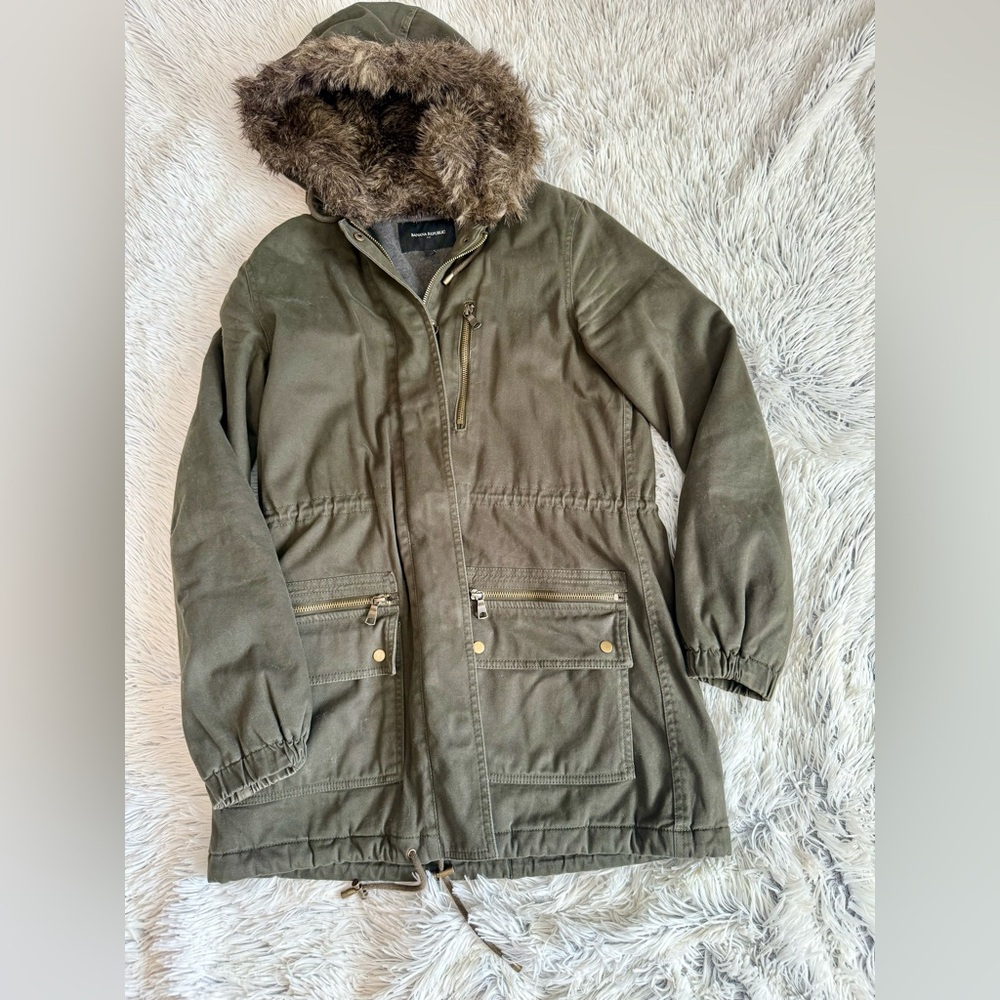 Banana Republic Cargo Parka Green Canvas Jacket with Faux Fur Hood